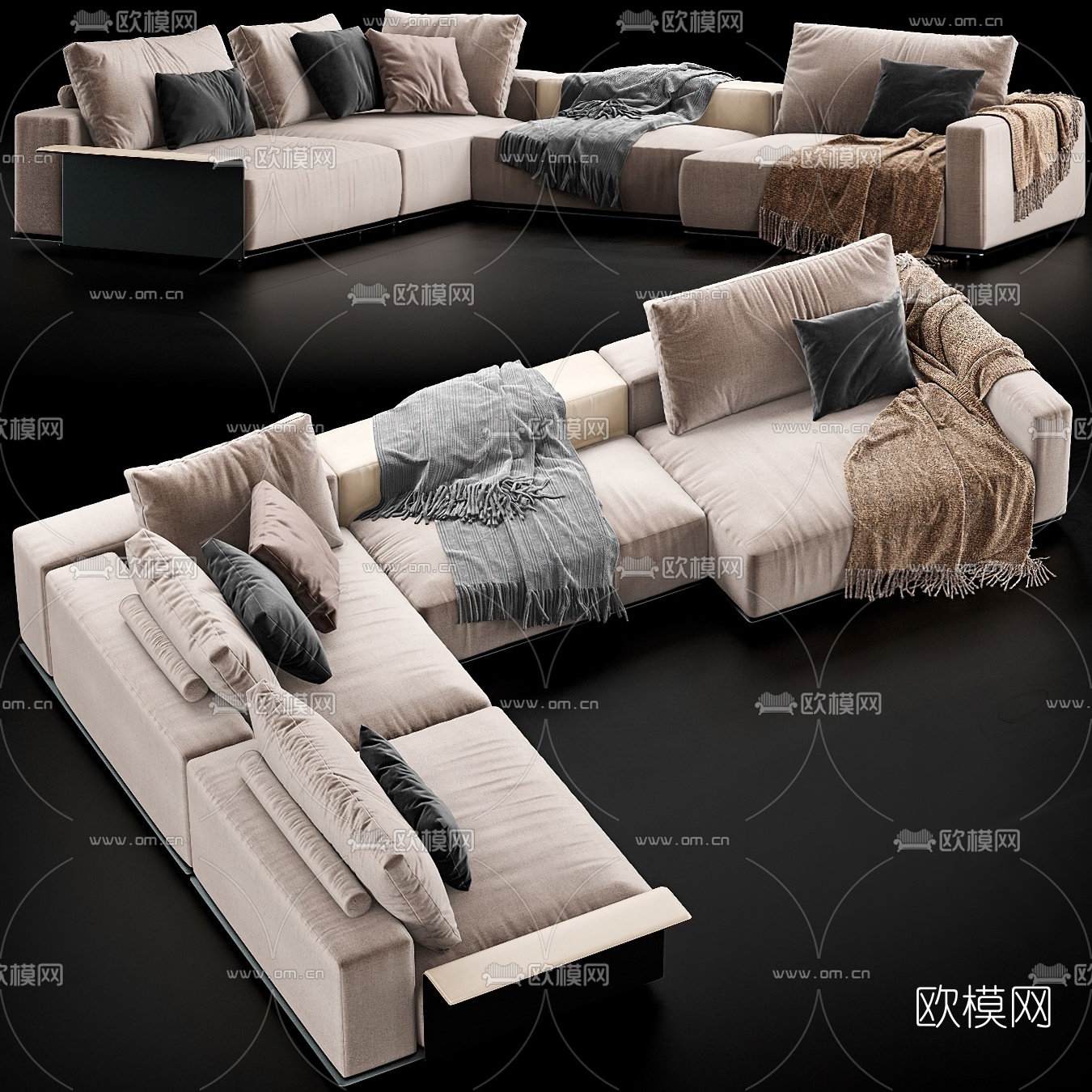 现代布艺转角多人沙发3d模型下载（渲染图3）