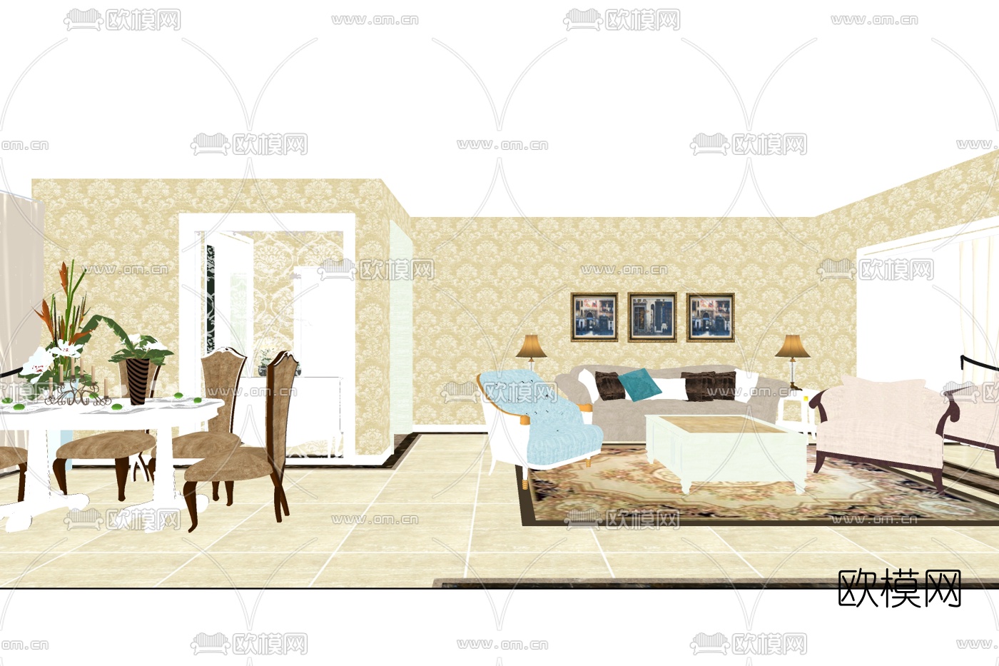 欧式布艺组合沙发su模型下载