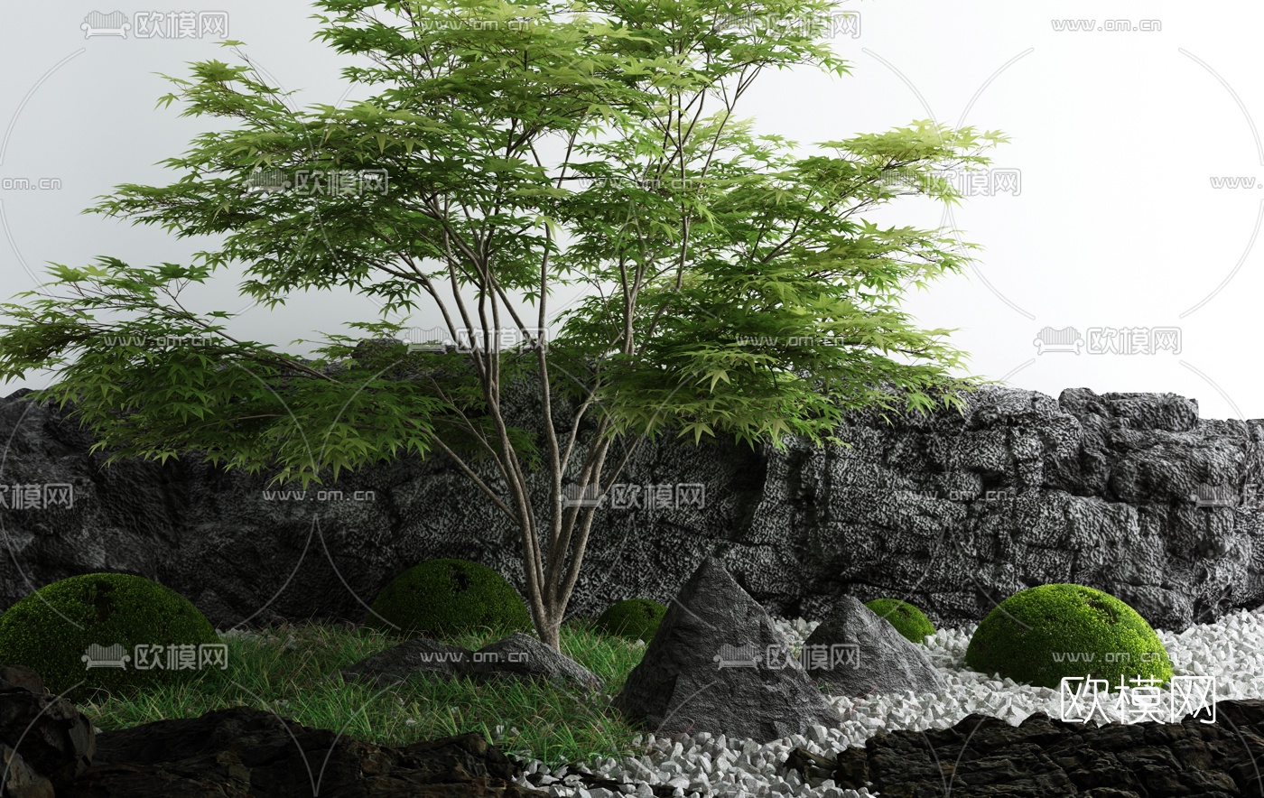 新中式树假山灌木草小品3d模型