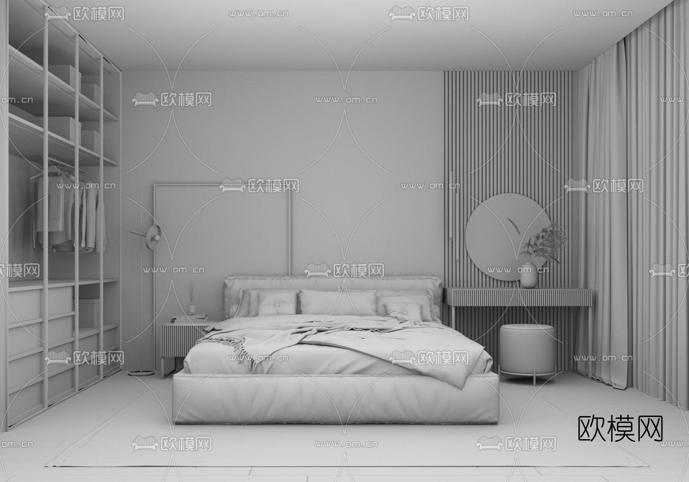 现代布艺双人床su模型下载（渲染图3）