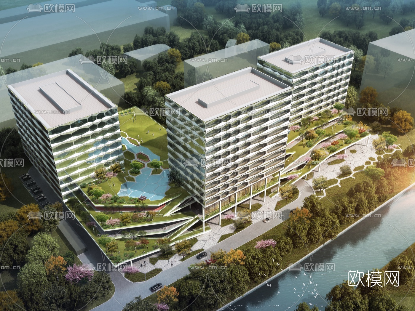 现代办公园区鸟瞰3d模型-免费3dmax模型库-欧模网