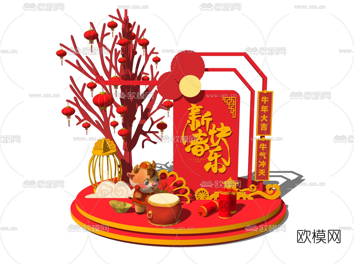 新中式牛年春节新年美陈su模型下载