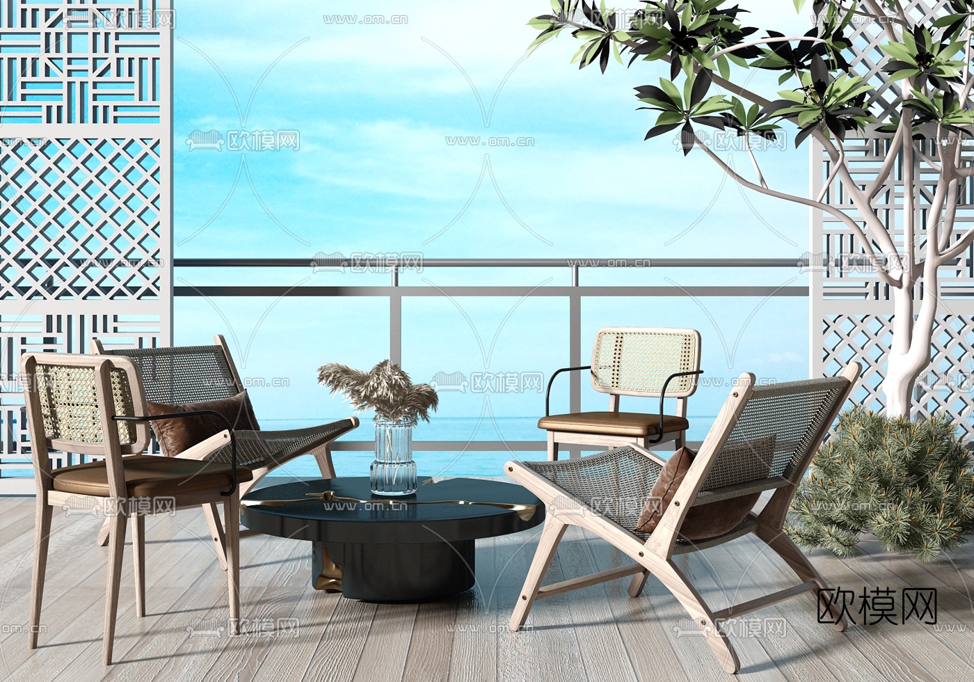 现代藤编户外休闲桌椅3d模型下载