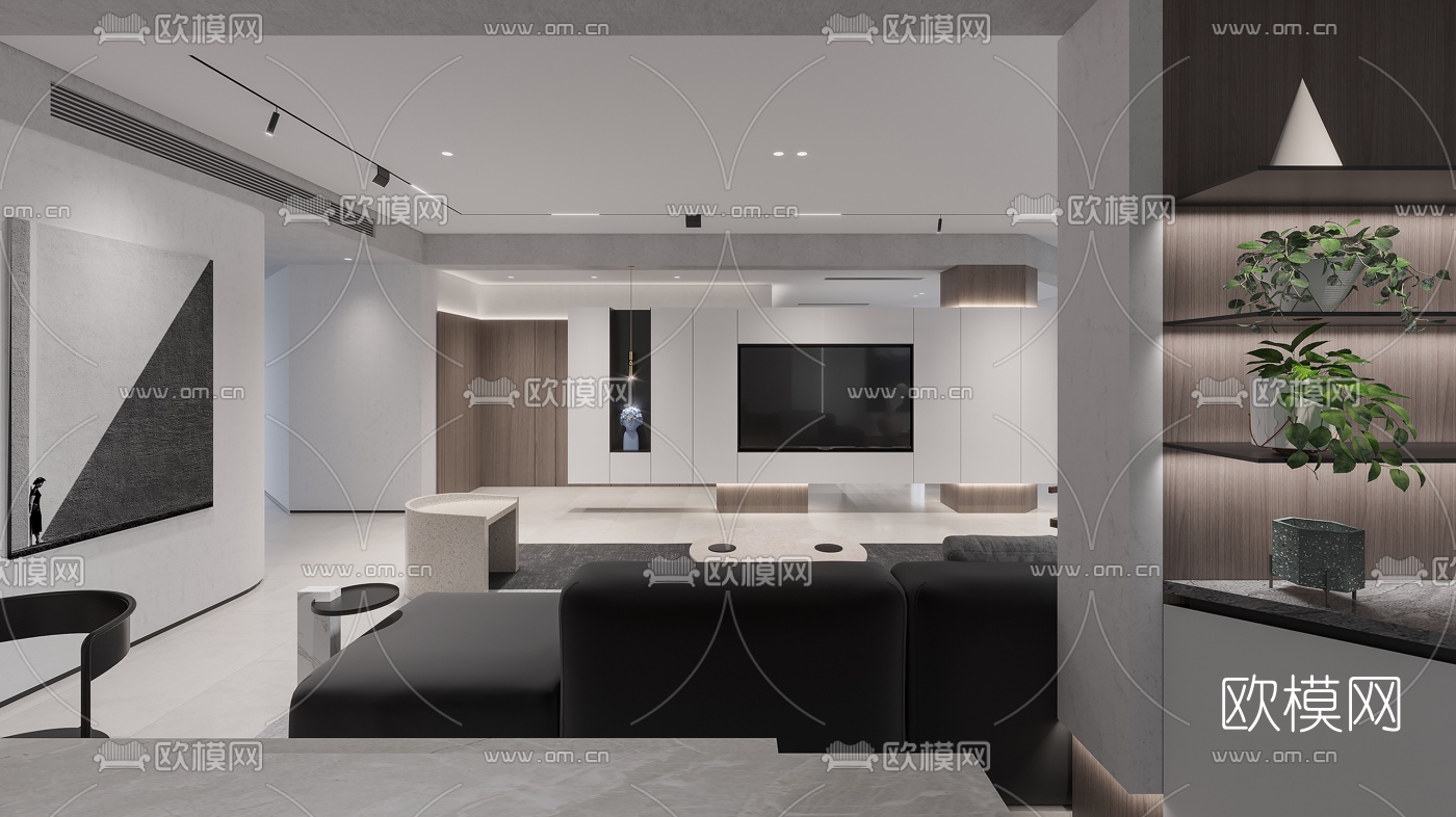 现代高级灰客厅餐厅书房3d模型下载（渲染图2）