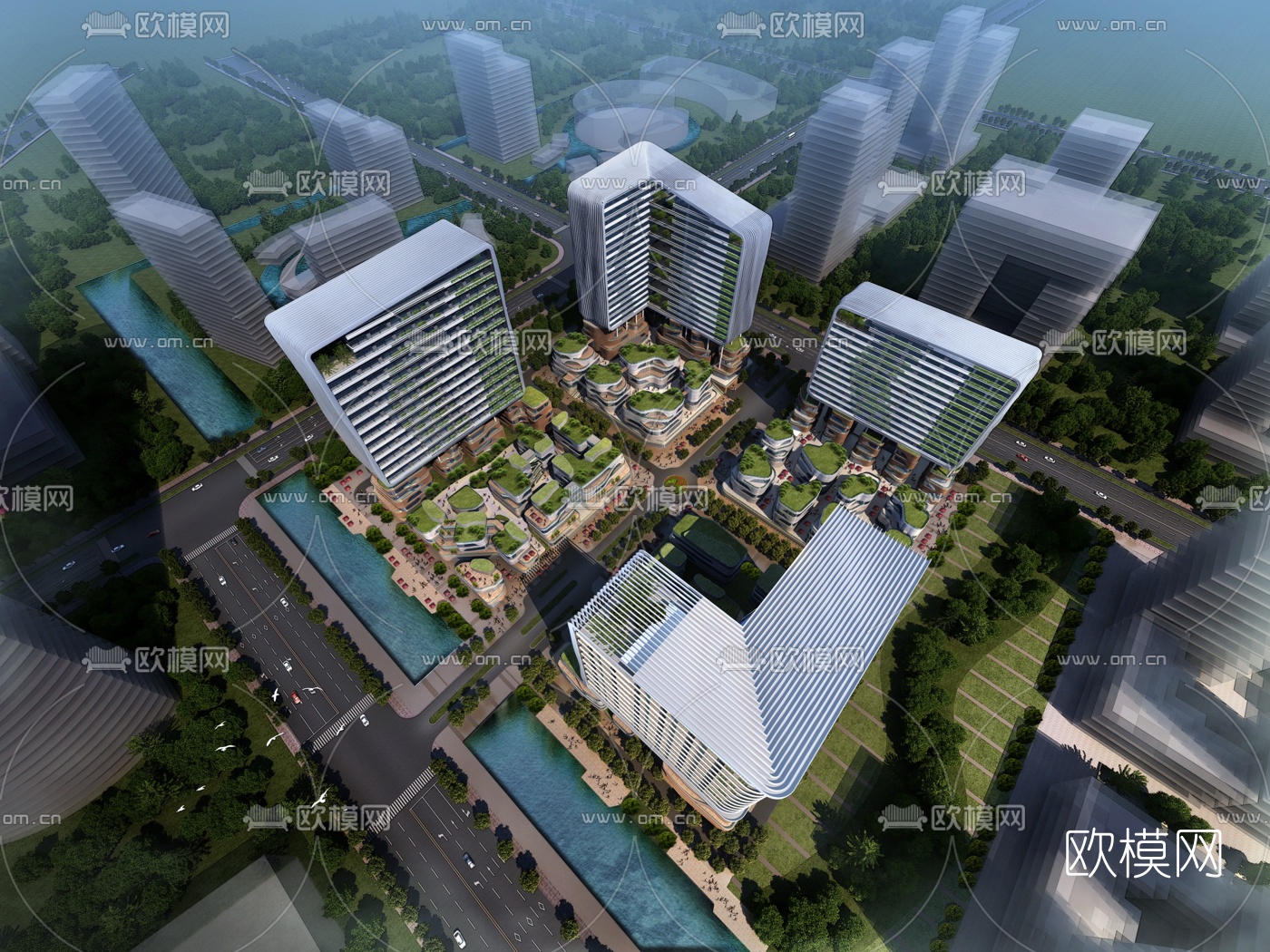 现代办公园区鸟瞰su模型下载（渲染图3）