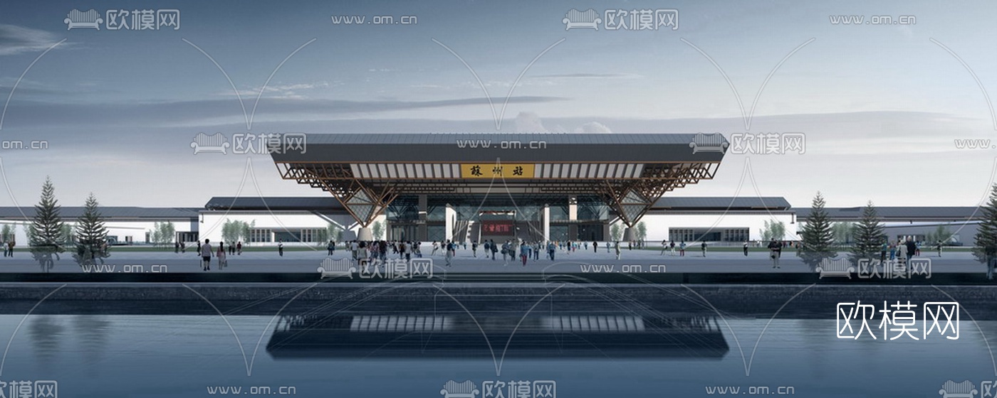 中式高铁站汽车站su模型下载（渲染图1）