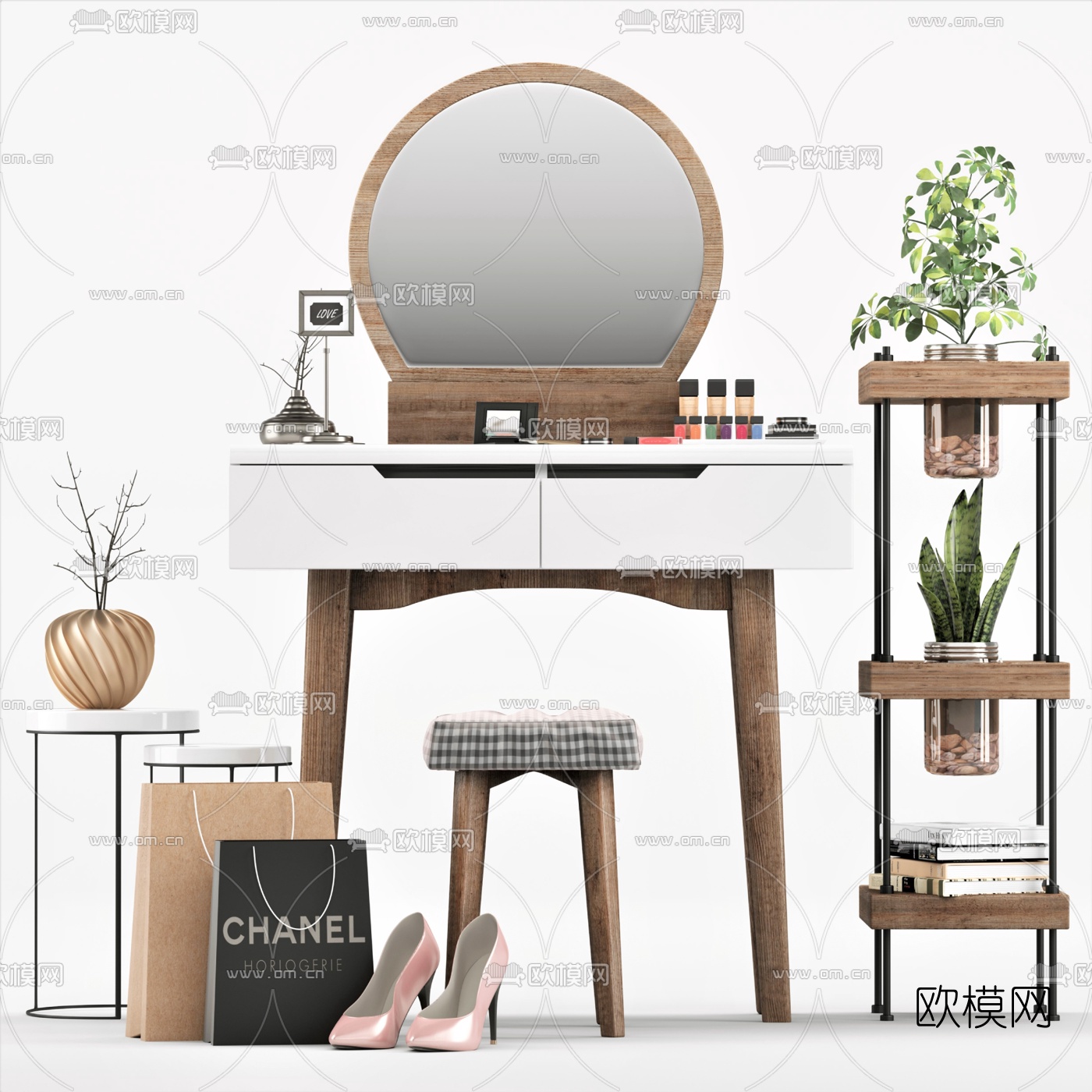 北欧原木梳妆台3d模型下载（渲染图1）