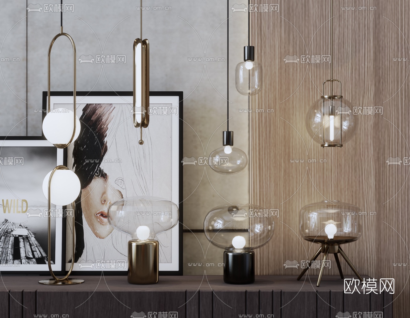 现代金属玻璃吊灯台灯su模型下载（渲染图1）