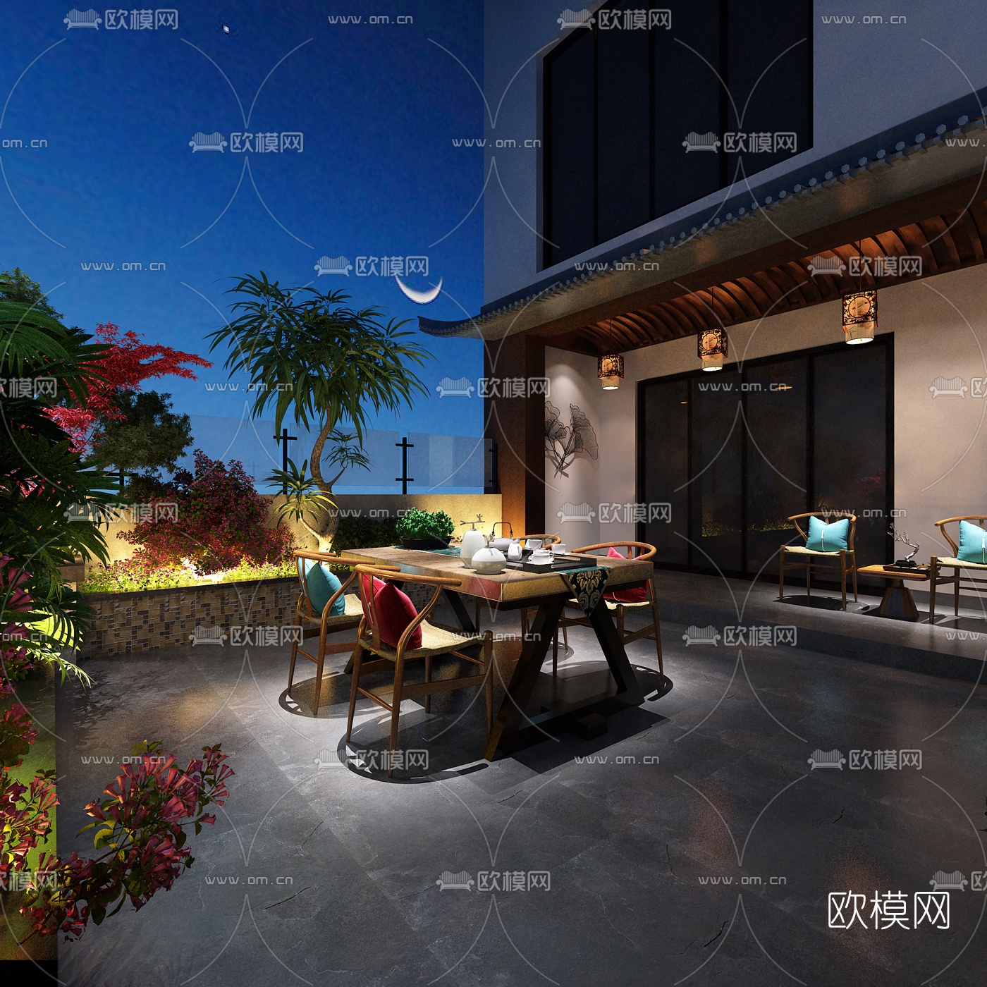 新中式庭院花园夜景免费3d模型