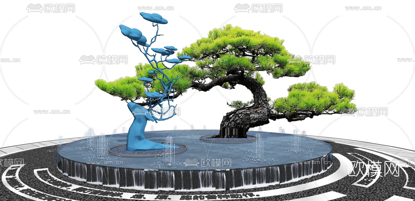 新中式禅意跌水水钵罗汉松鹿雕塑小品su模型