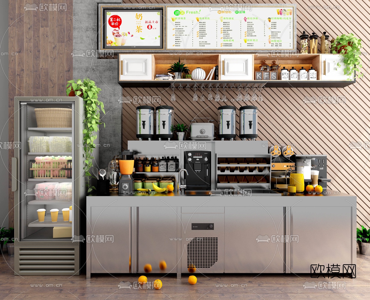 现代奶茶店工作台3d模型下载（渲染图1）