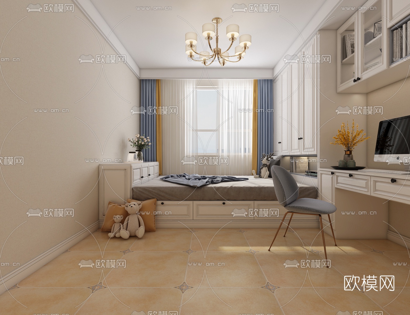 美式榻榻米书房免费3d模型下载