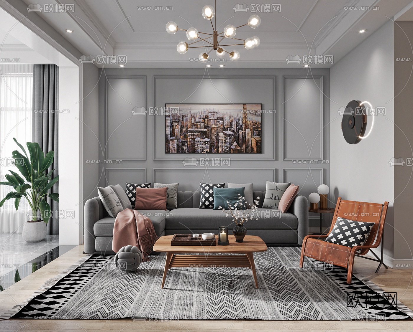 北欧简约客厅餐厅3d模型下载（渲染图1）