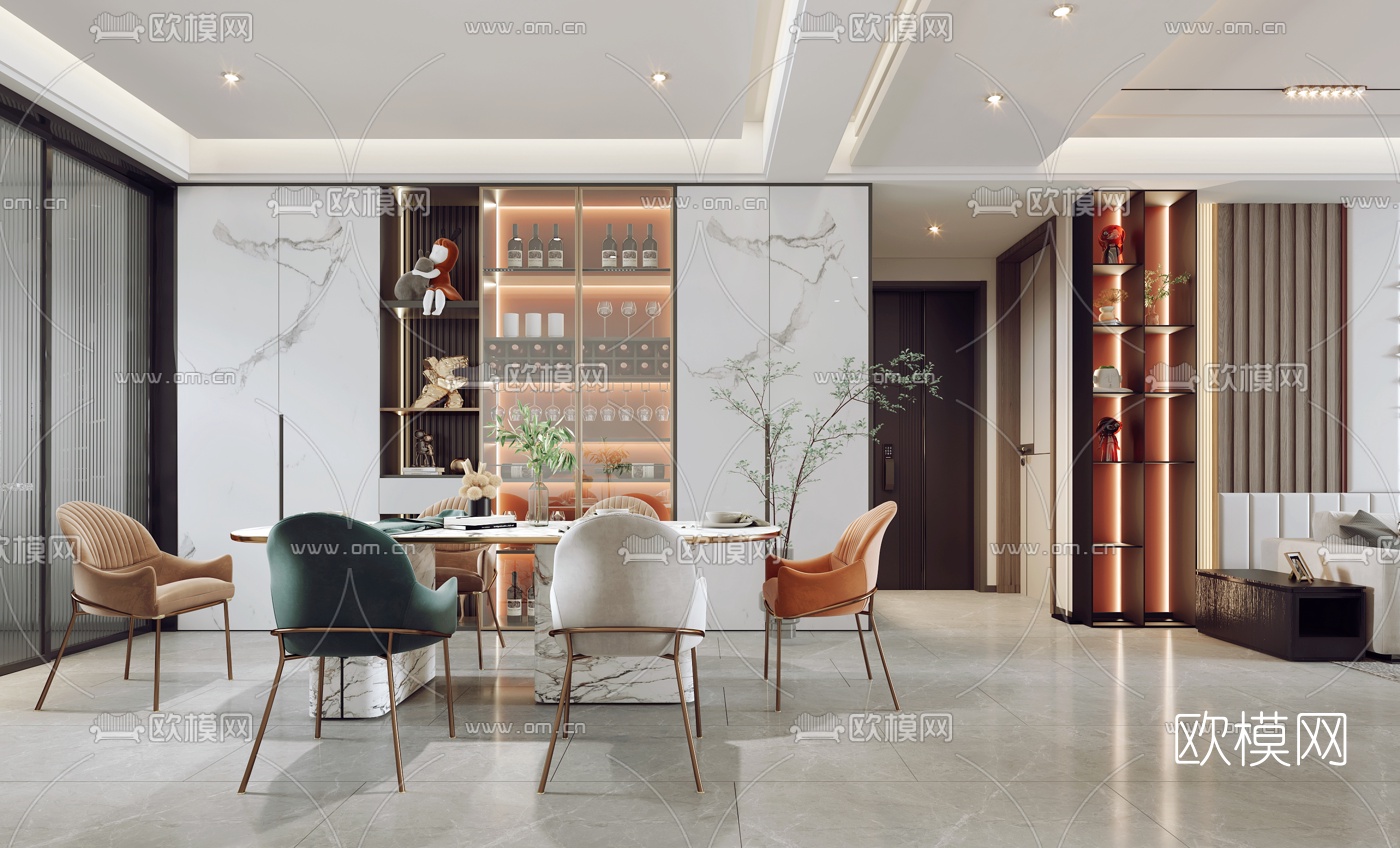 现代轻奢客厅餐厅3d模型下载（渲染图3）