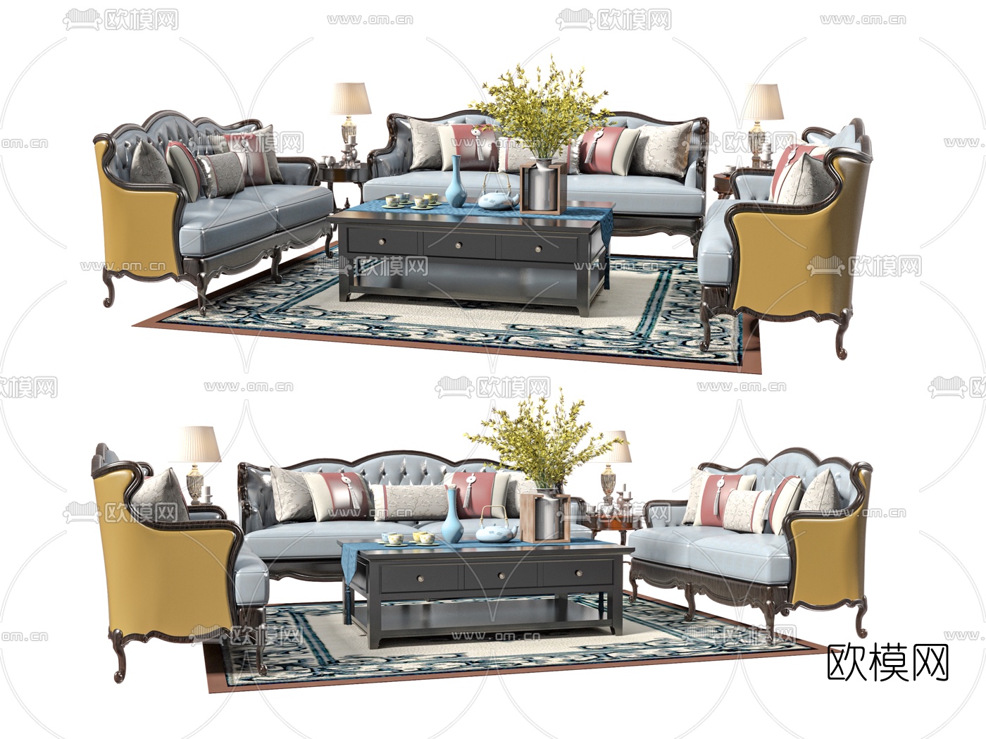 简欧布艺组合沙发su模型下载（渲染图1）