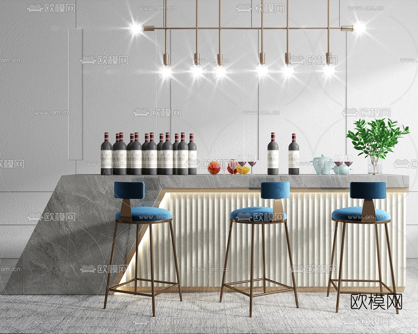 现代大理石吧台吧椅su模型下载（渲染图1）