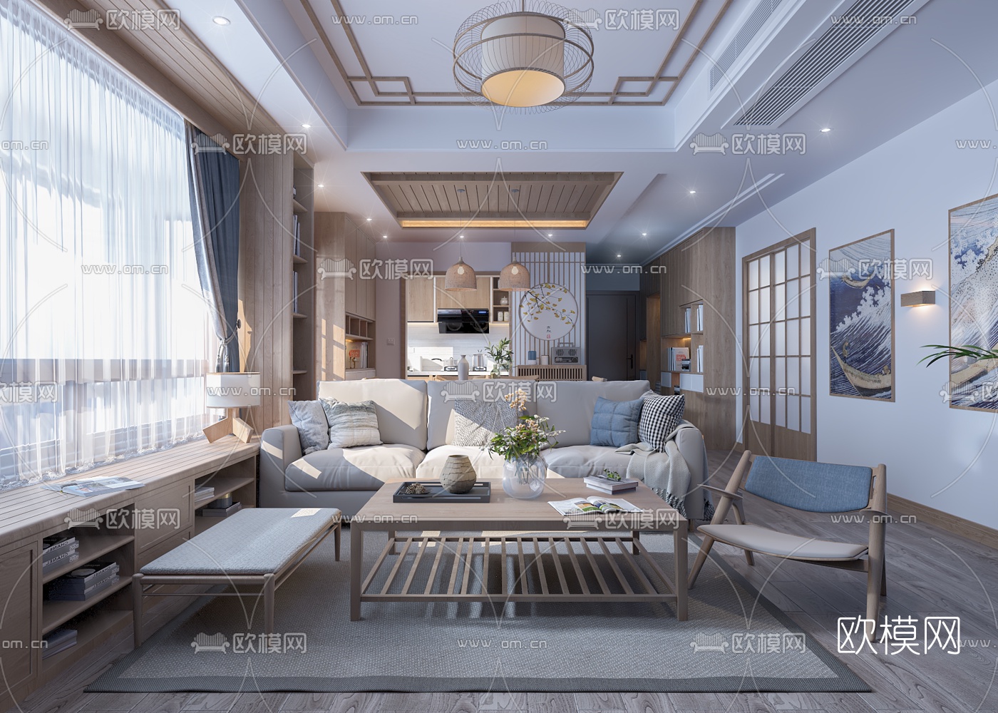 日式客厅餐厅厨房免费3d模型下载（渲染图2）