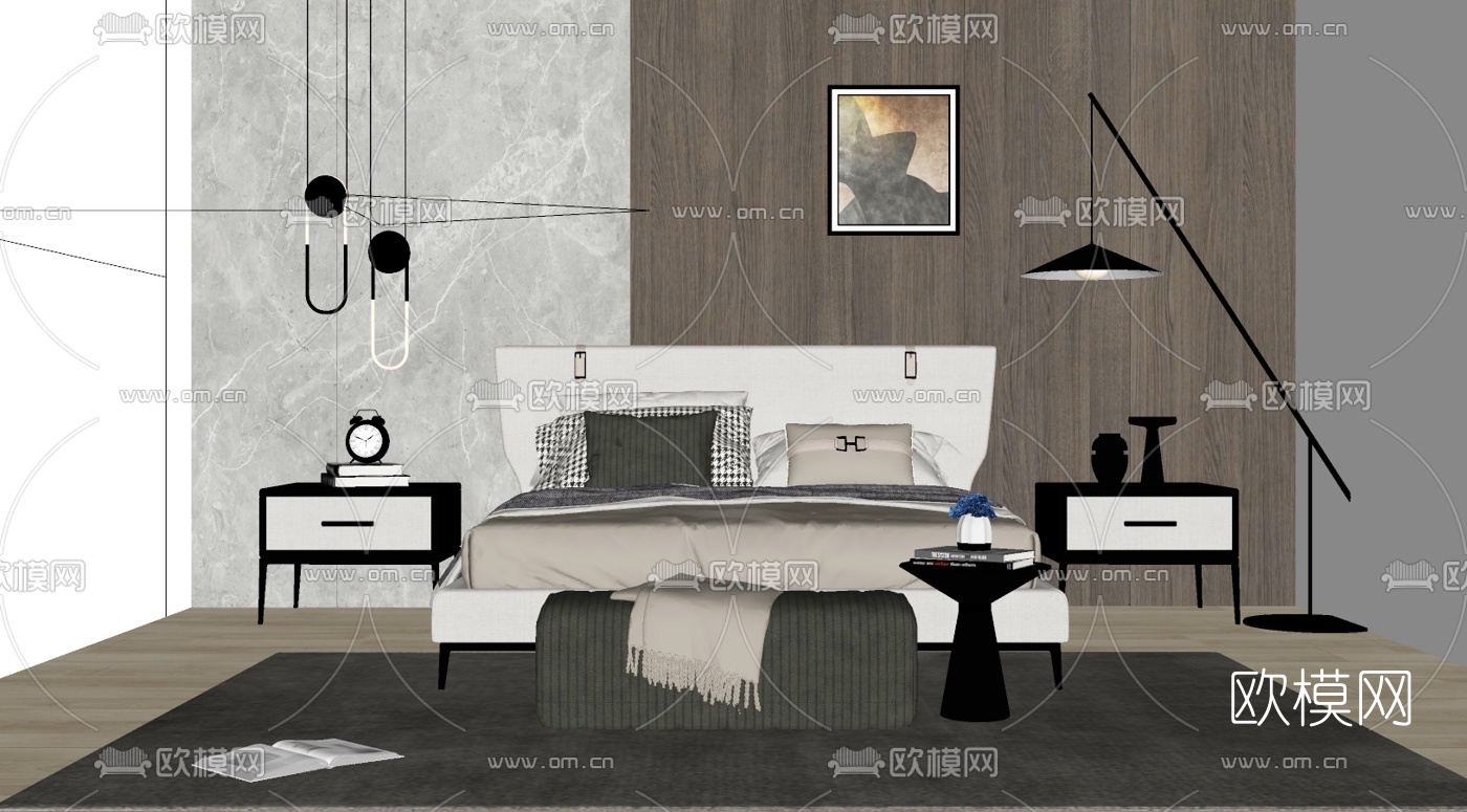 现代布艺双人床su模型下载（渲染图2）