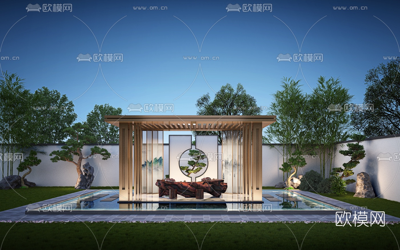 新中式别墅庭院亭子3d模型下载