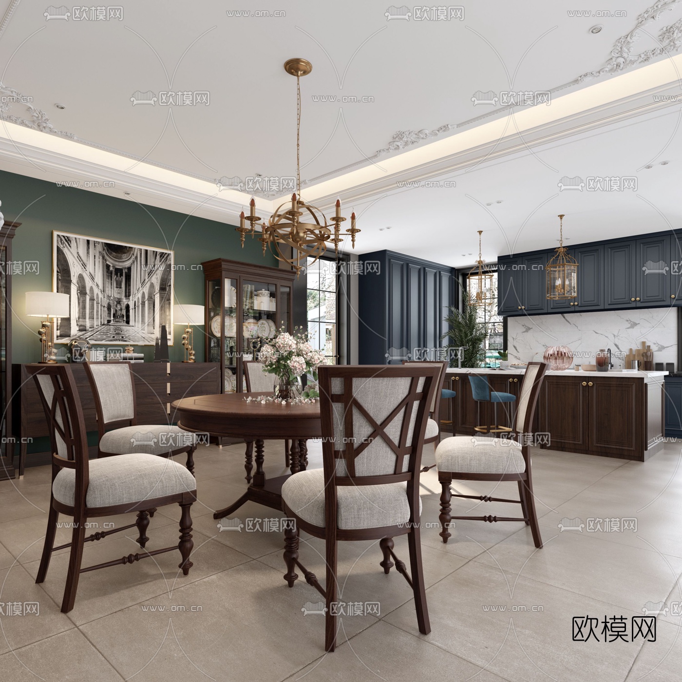 美式餐厅敞开式厨房3d模型