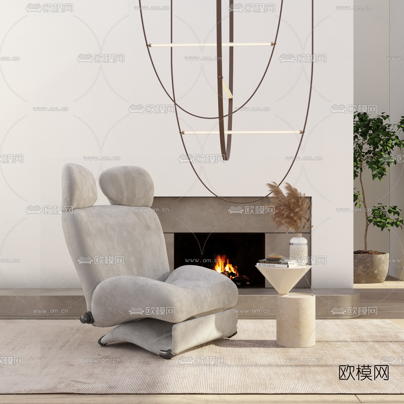 现代布艺躺椅圆几3d模型下载（渲染图2）