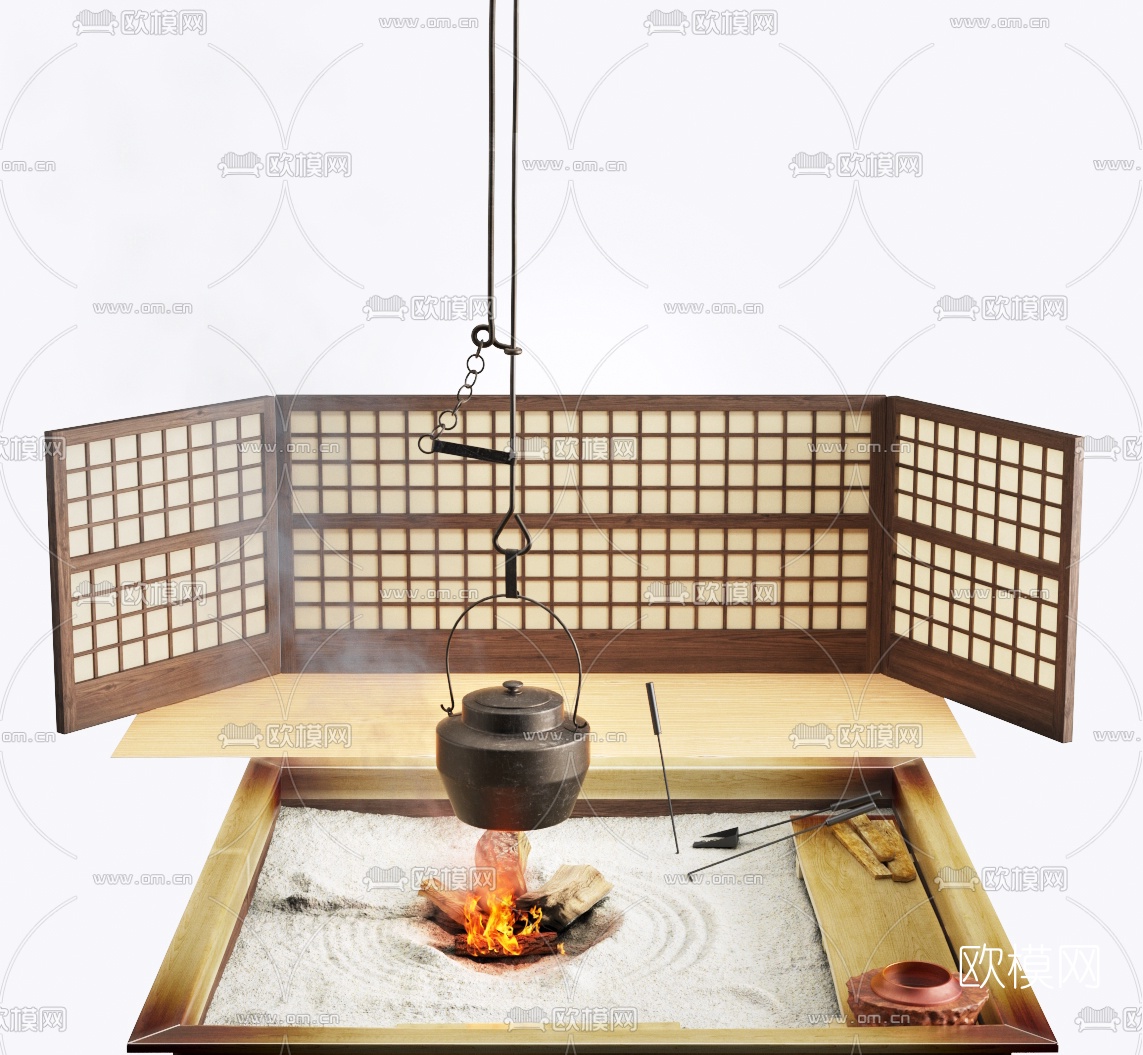 日式囲炉裏摆件3d模型下载（渲染图1）