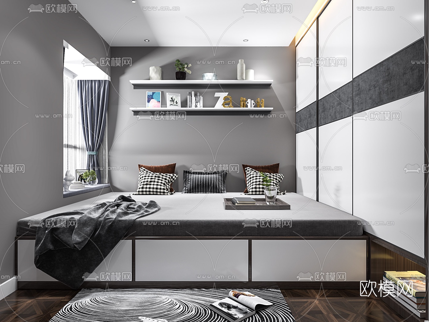现代榻榻米卧室儿童房3d模型下载（渲染图2）