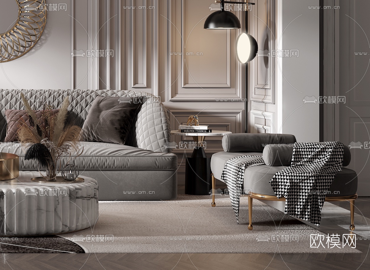 简欧布艺沙发组合3d模型下载（渲染图3）