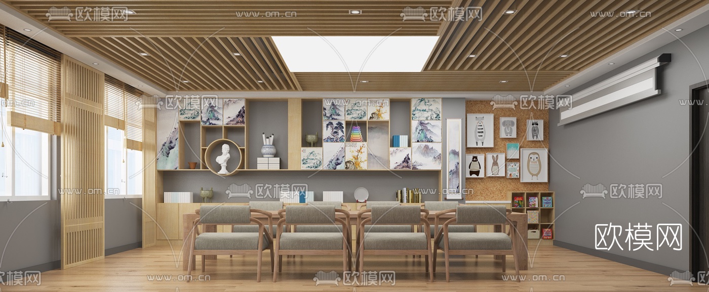 新中式美术教室培训室免费3d模型下载（渲染图1）
