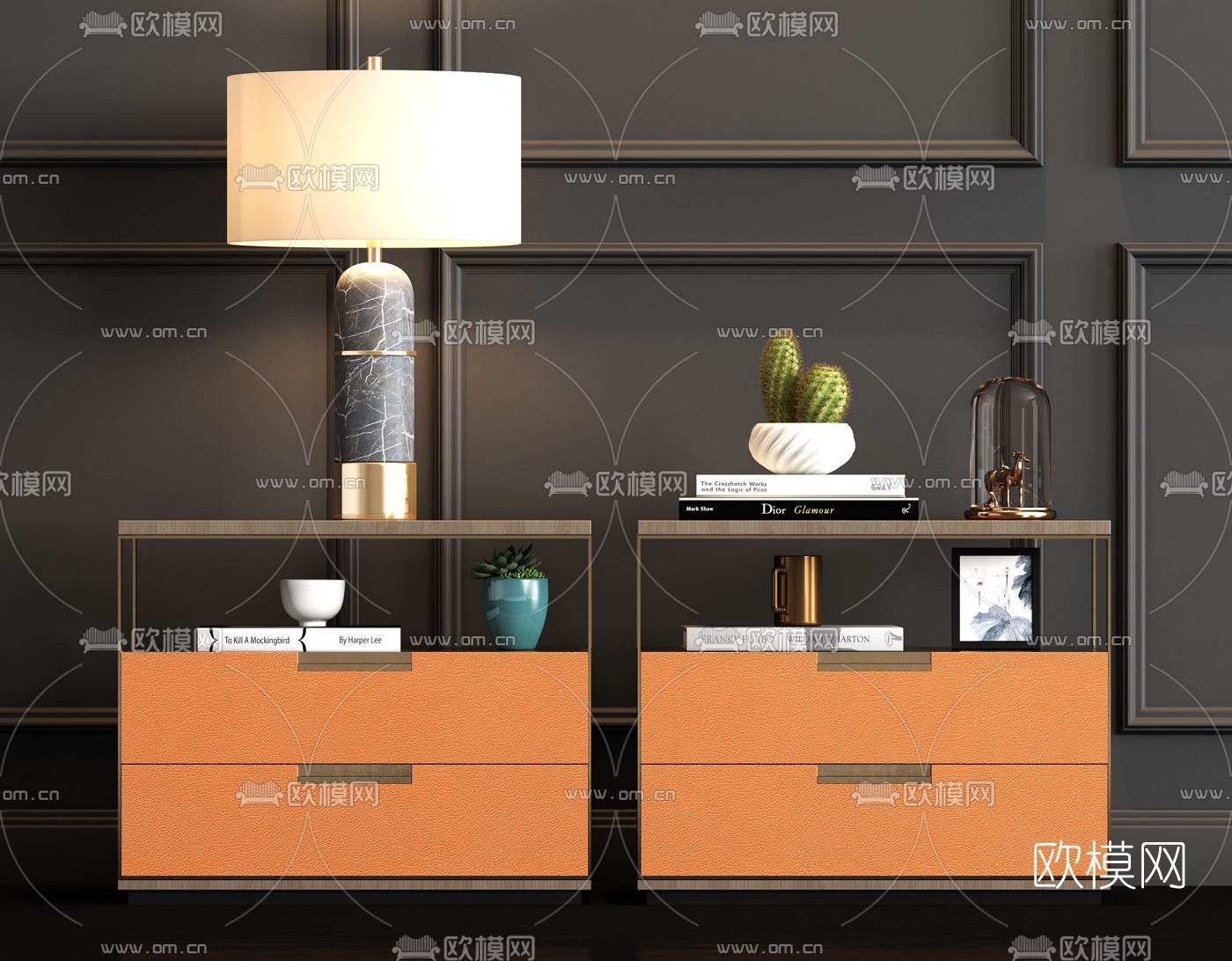 新中式轻奢床头柜su模型下载（渲染图1）