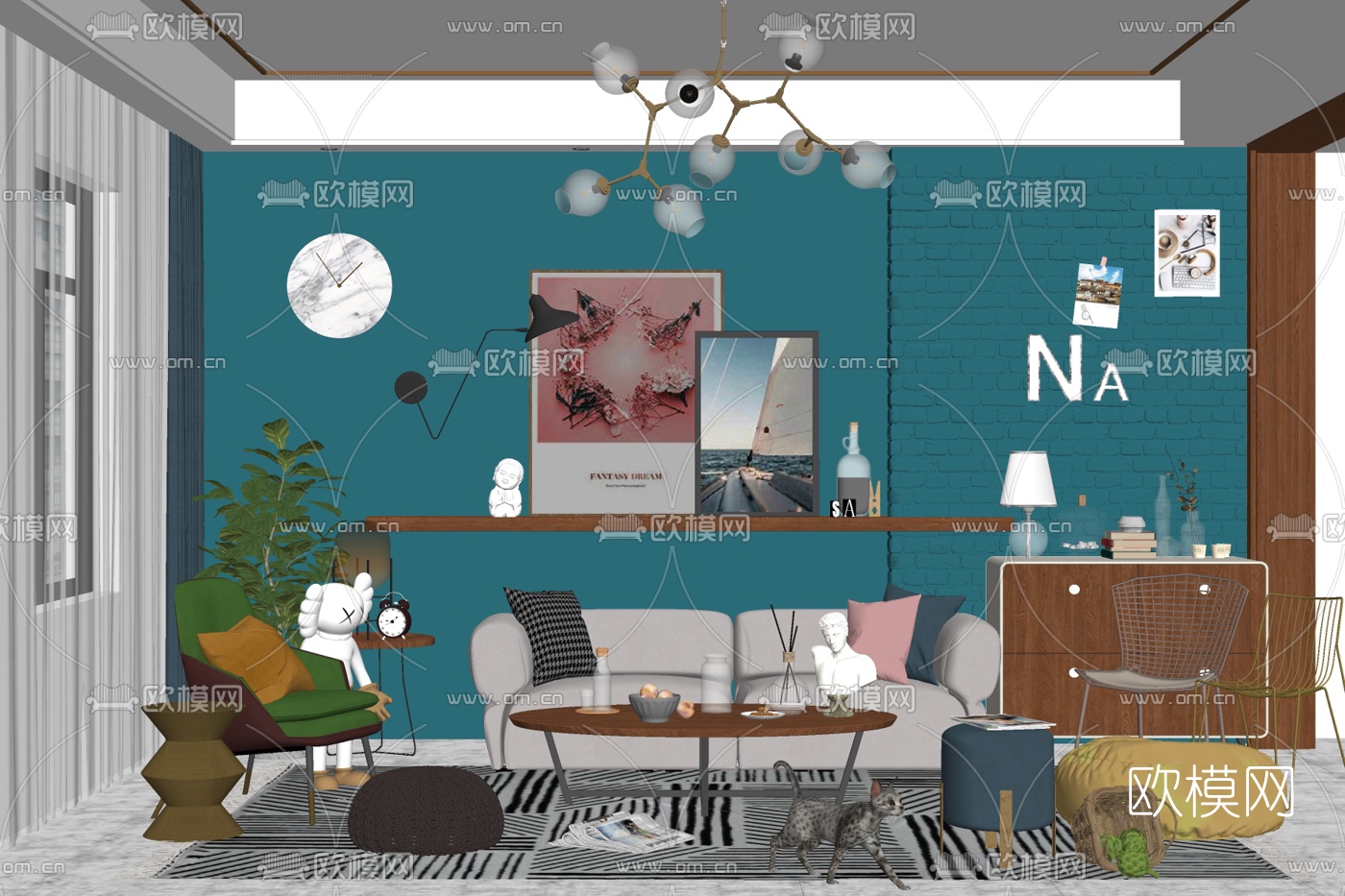 北欧布艺组合沙发免费su模型下载