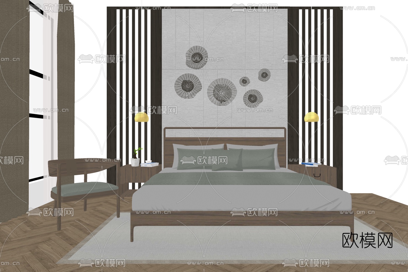 新中式实木双人床su模型下载