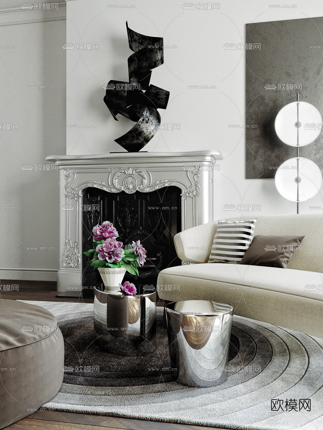 现代客厅沙发壁炉组合3d模型下载（渲染图5）