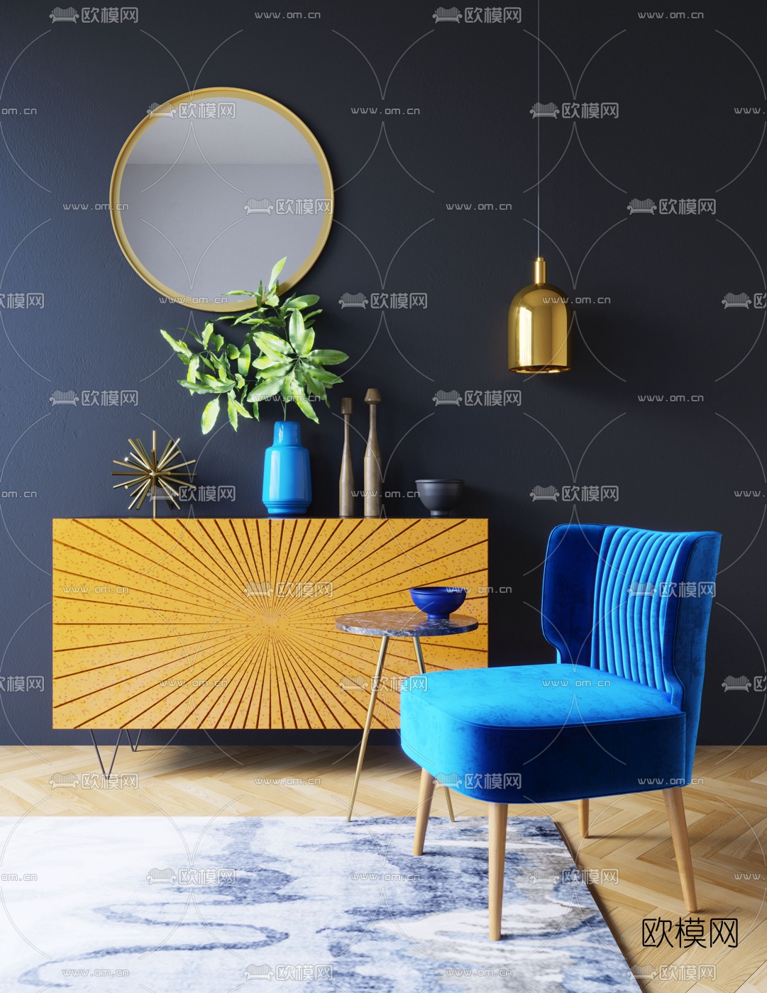 北欧单椅边柜3d模型下载（渲染图1）