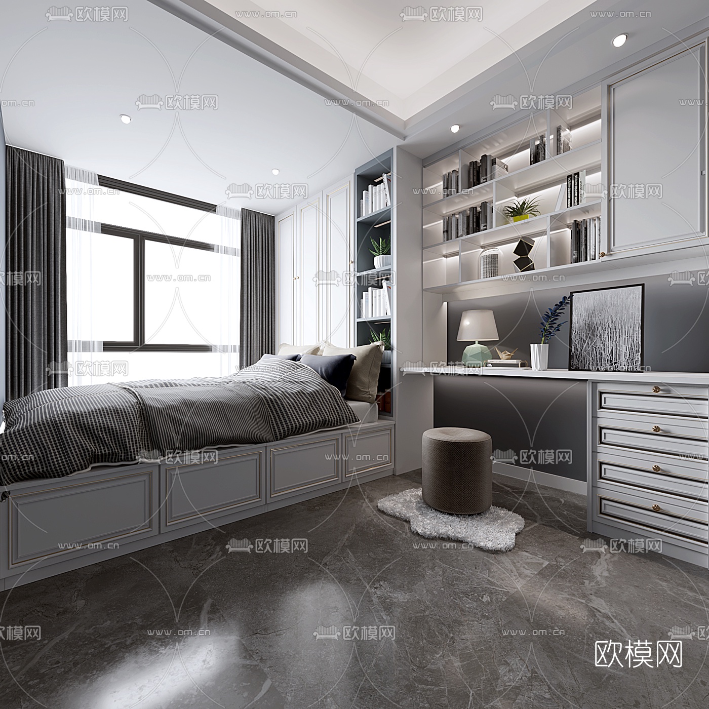 简欧榻榻米书房3d模型下载（渲染图1）