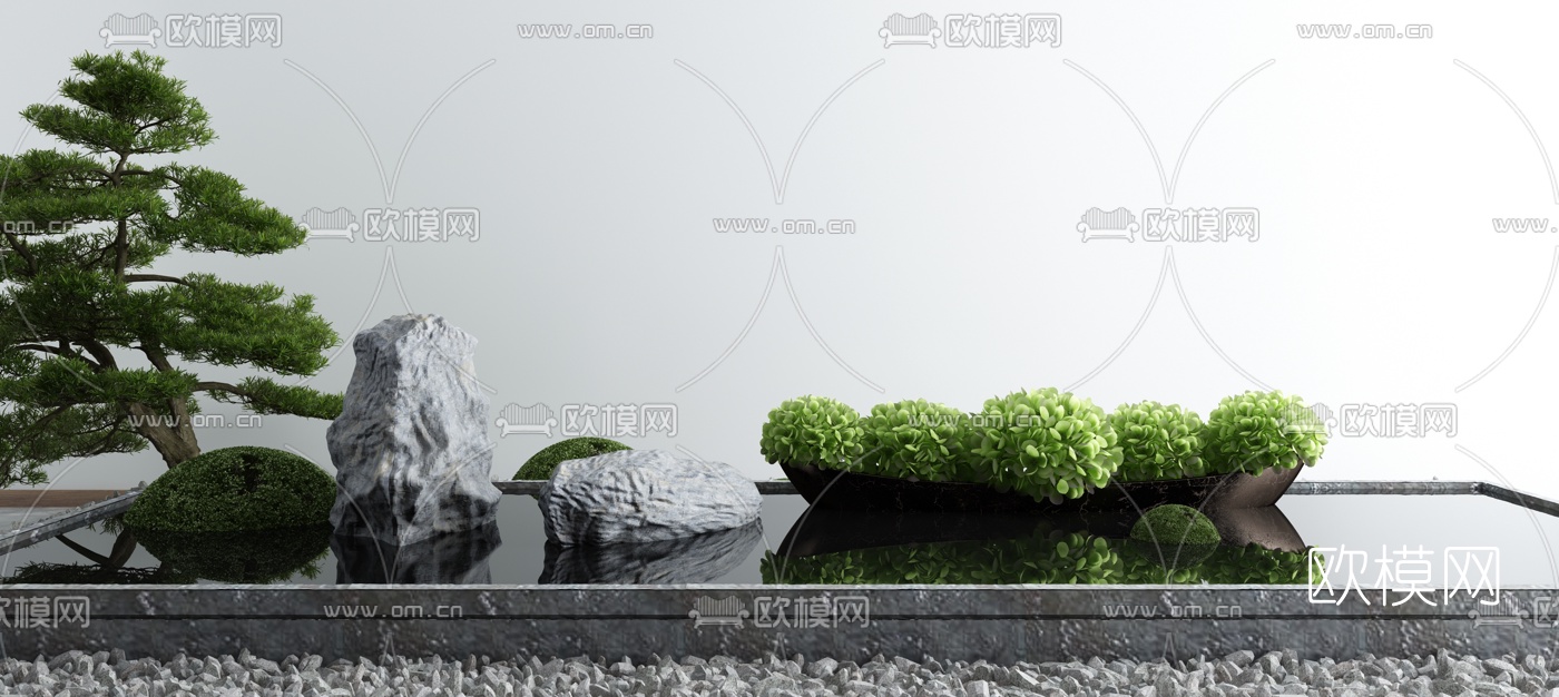新中式松树水池水景小品3d模型下载