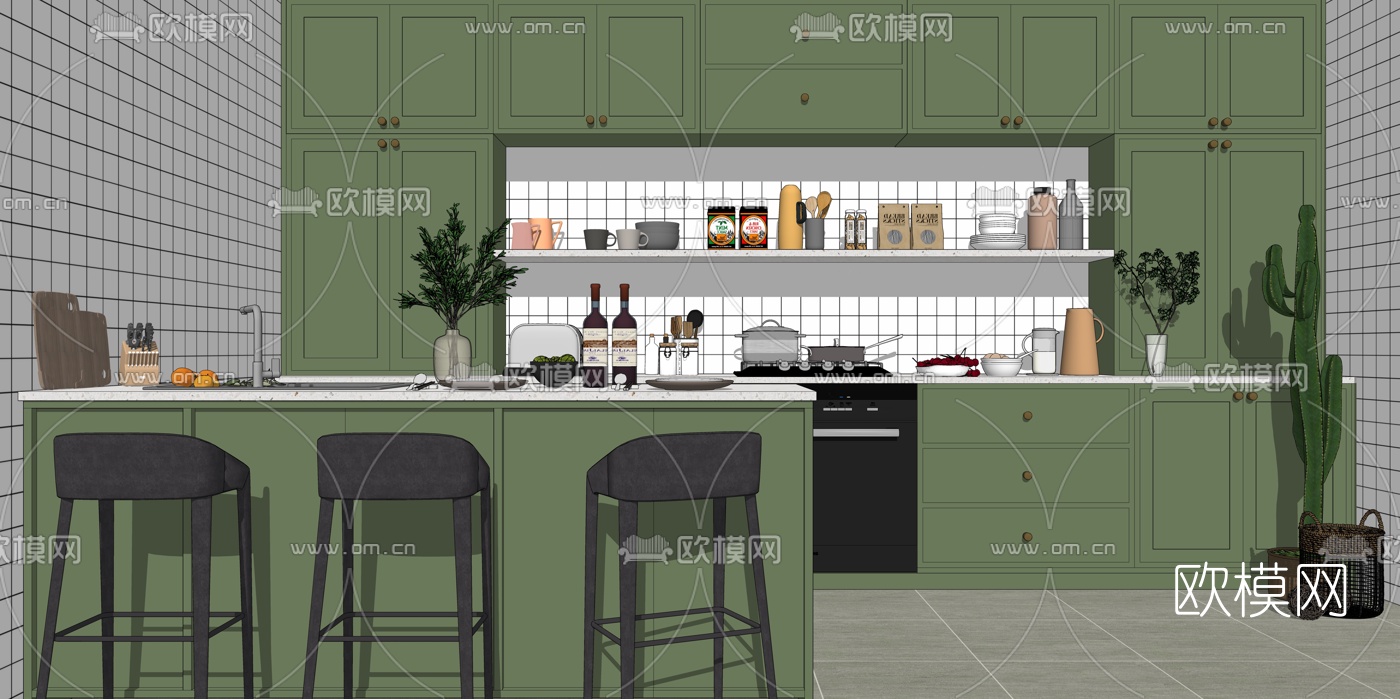 北欧厨房橱柜su模型下载