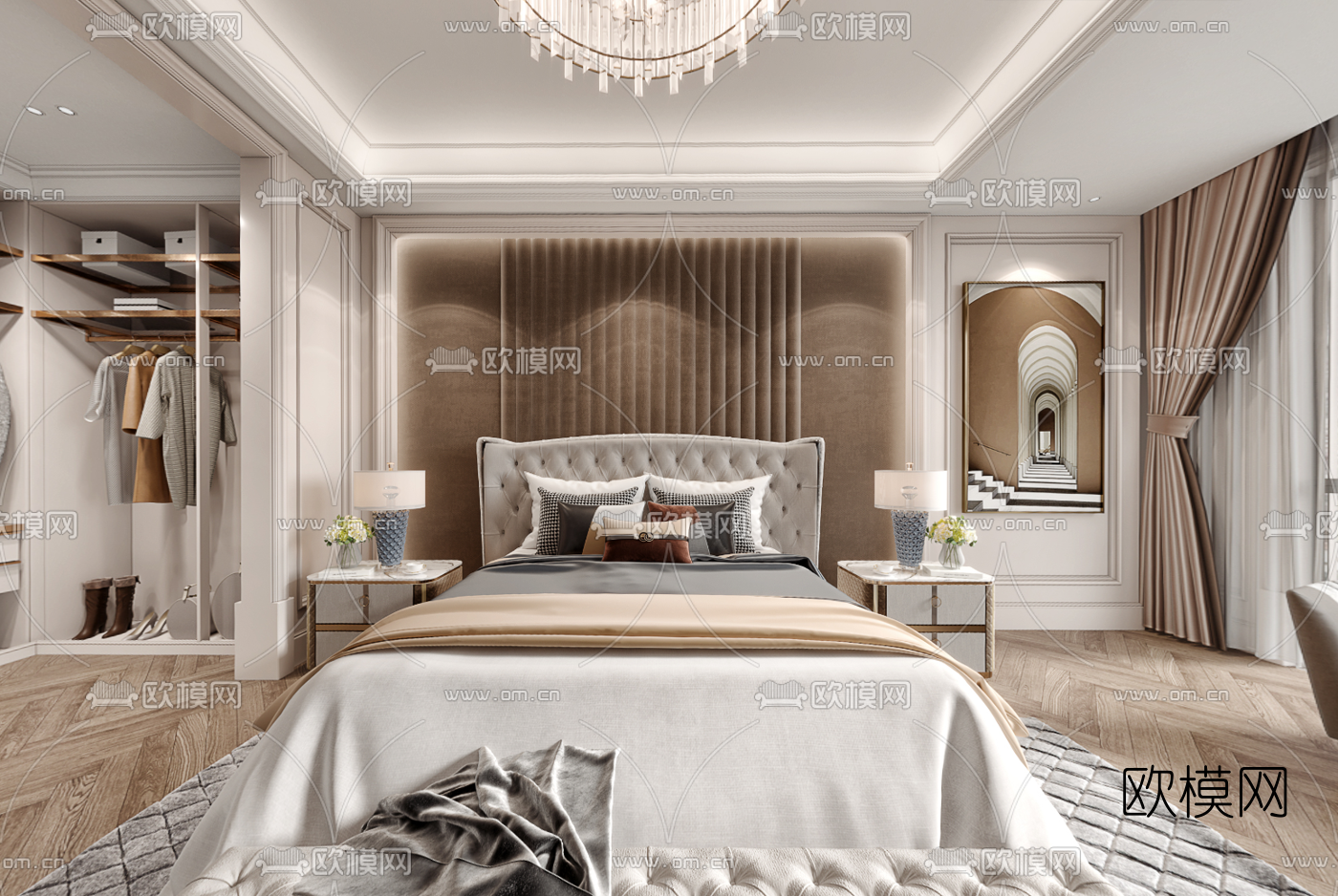 现代轻奢卧室主人房cr全景3d模型-免费3dmax模型库-欧模网