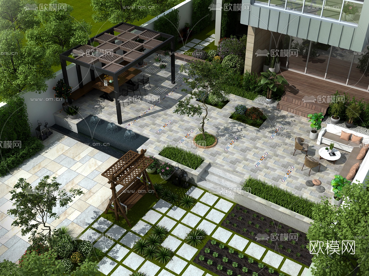 现代别墅庭院花园鸟瞰3d模型下载_ID10188237_3dmax免费模型-欧模网