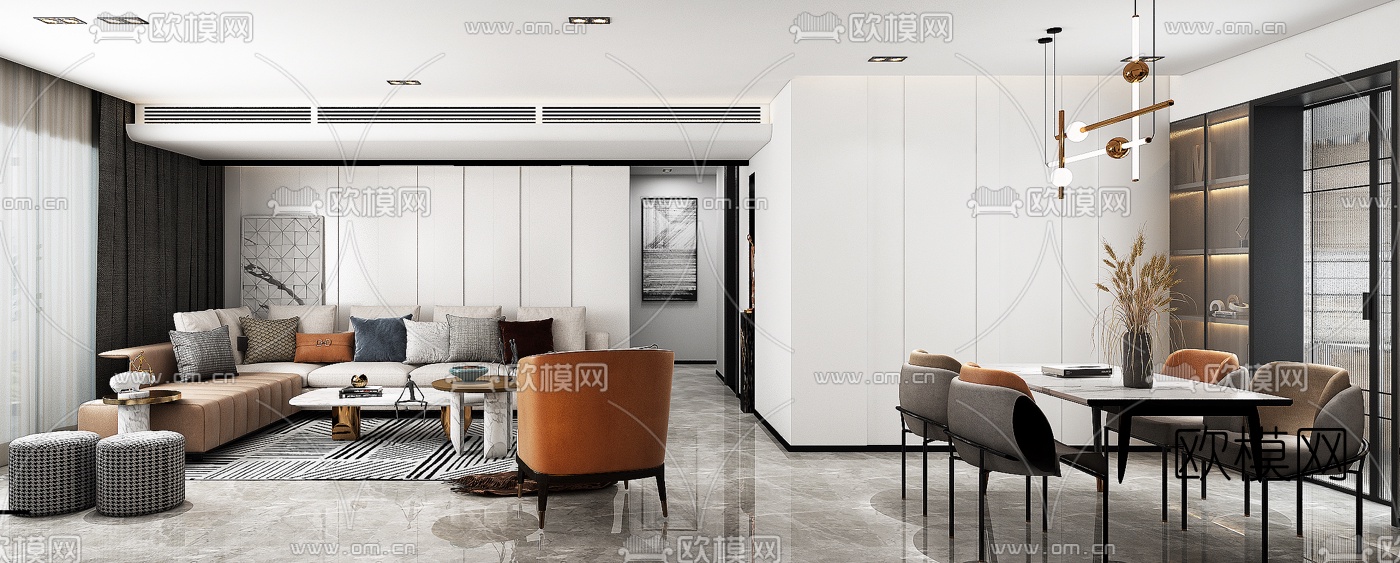 现代客厅餐厅3d模型