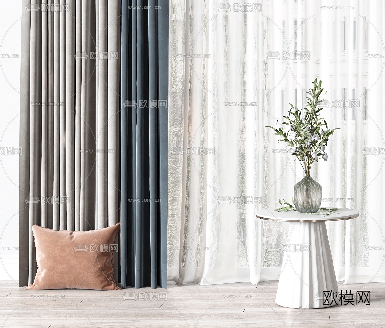 现代布艺窗纱窗帘3d模型下载（渲染图2）
