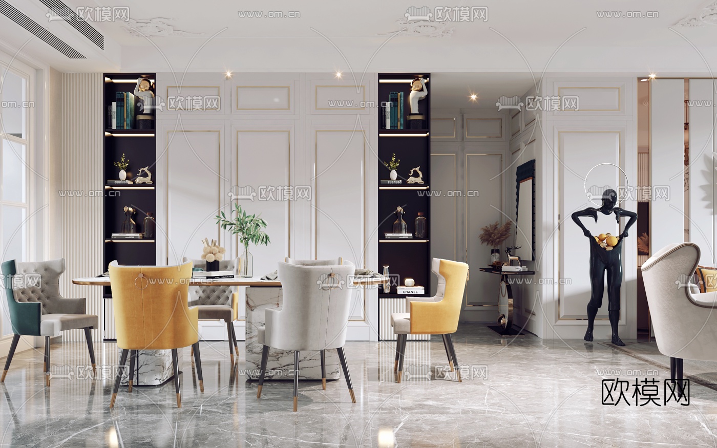 简欧轻奢客厅餐厅3d模型