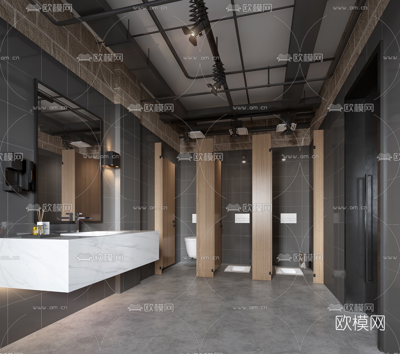 工业风高级灰公用卫生间3d模型下载