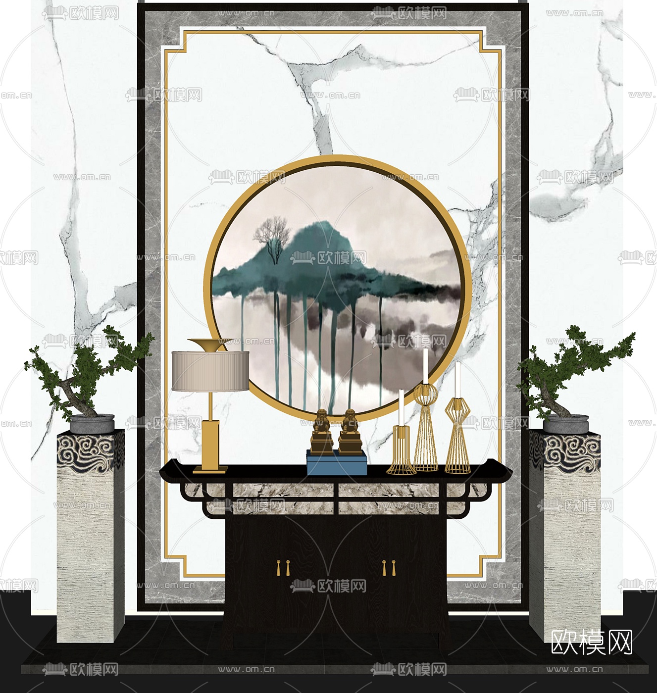 新中式端景条案su模型
