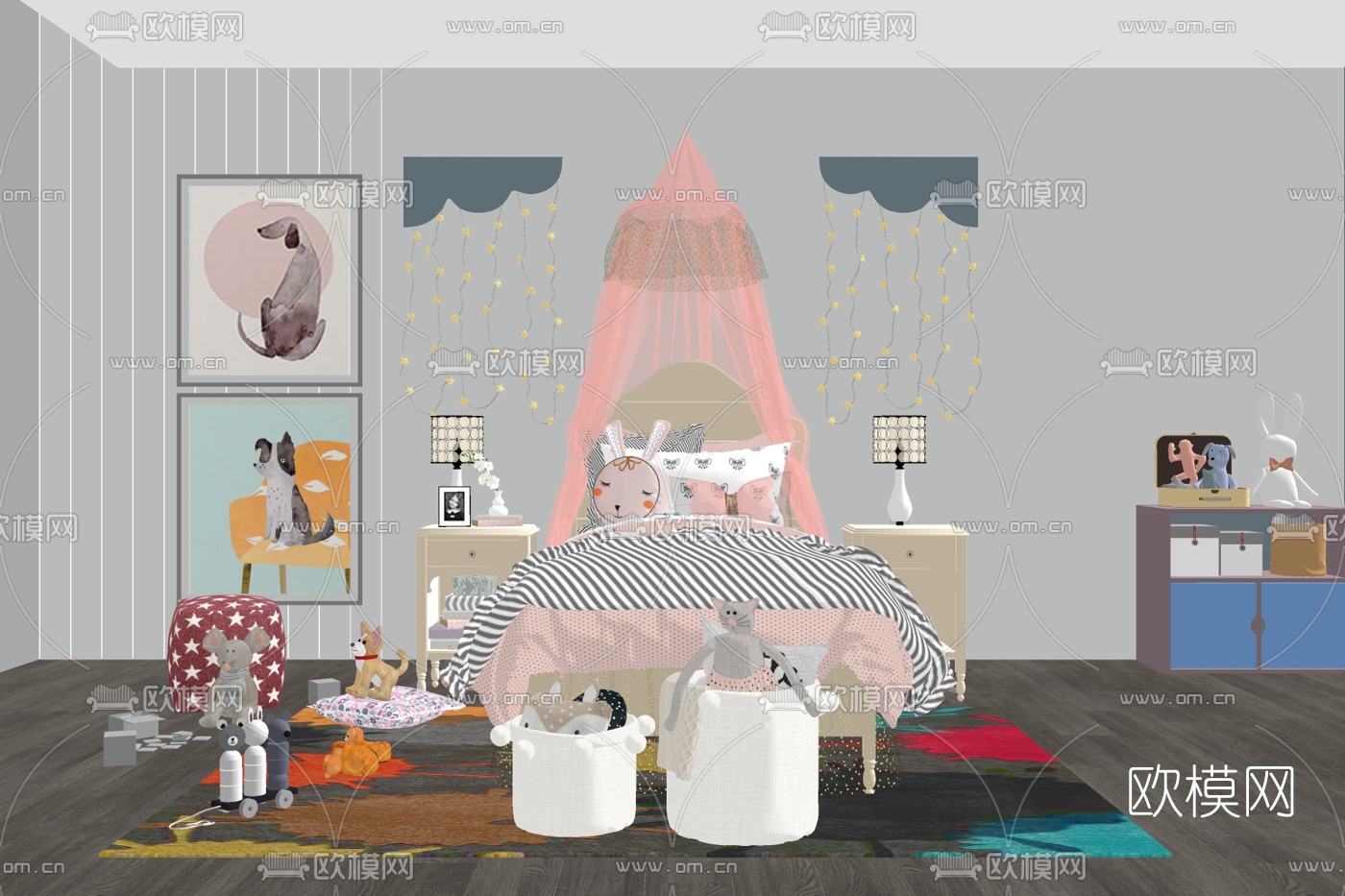 北欧布艺双人床su模型下载