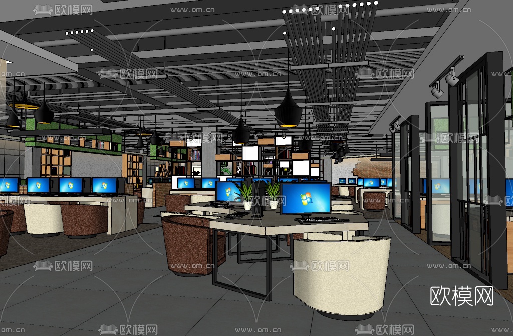 工业风网咖su模型下载（渲染图1）