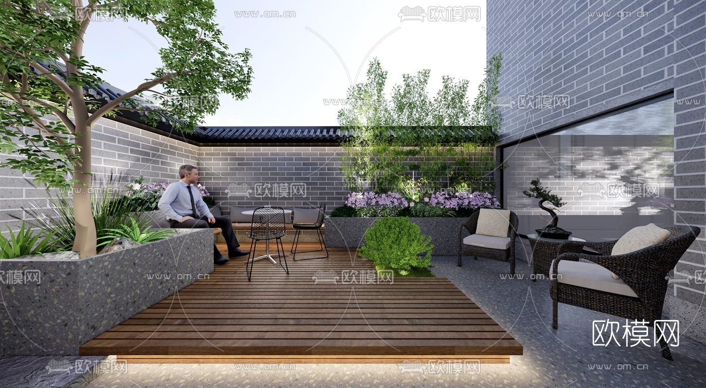 现代民宿庭院景观su模型下载（渲染图2）