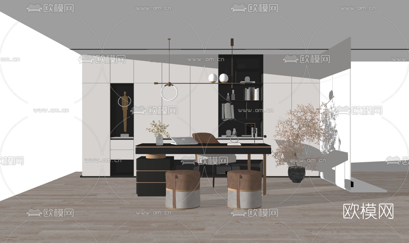 现代书房书桌椅su模型下载