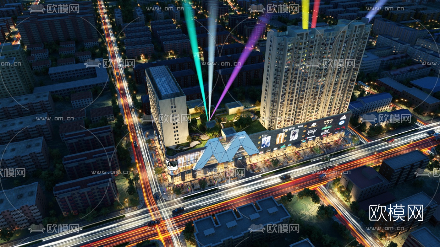 现代商区夜景鸟瞰规划3d模型