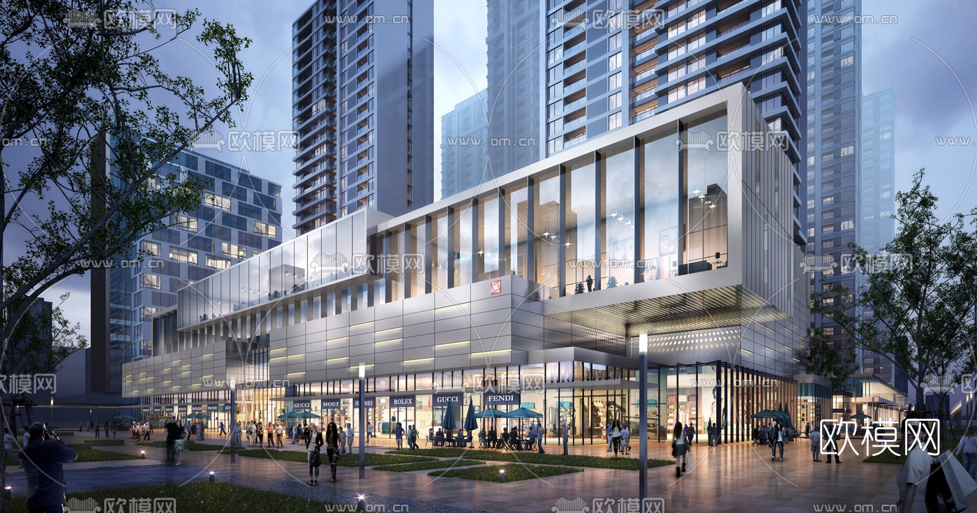 现代商业街夜景3d模型下载